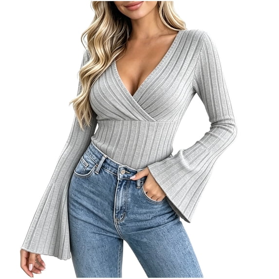 Yyeselk Women Flare Long Sleeve V Neck Wrap Sweater Ribbed Slim Fit Tunic Jumper Tops Lightweight Warm Fashion Fall Winter Sweaters Gray M