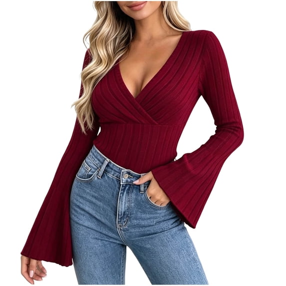 Yyeselk Women Flare Long Sleeve V Neck Wrap Sweater Ribbed Slim Fit Tunic Jumper Tops Lightweight Warm Fashion Fall Winter Sweaters Wine L