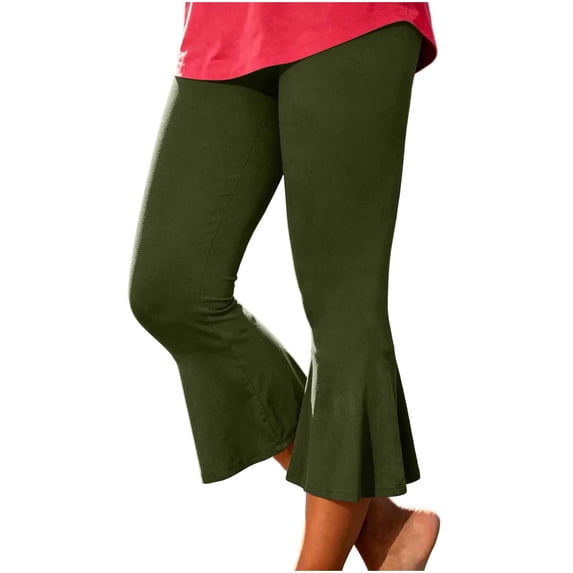 Yyeselk Women High Waisted Capri Flare Pants Slim Fit Solid Color Fashion Pleated Bell Bottoms Lightweight Stretch Yoga Leggings Army Green M