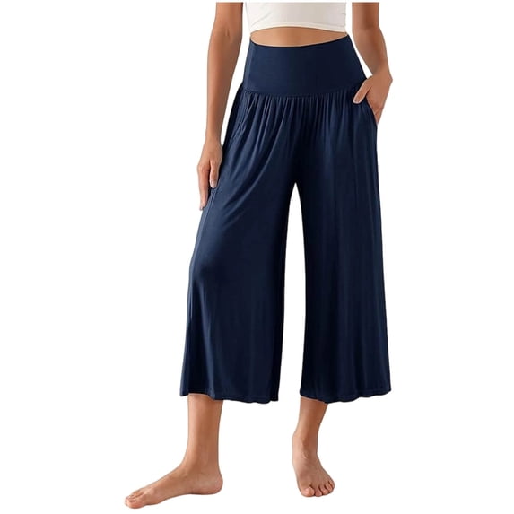 Yyeselk Women Modal High Waist Cropped Wide Leg Pants Loose Fit Yoga Culottes Pajama Pants Bottoms Navy XXL