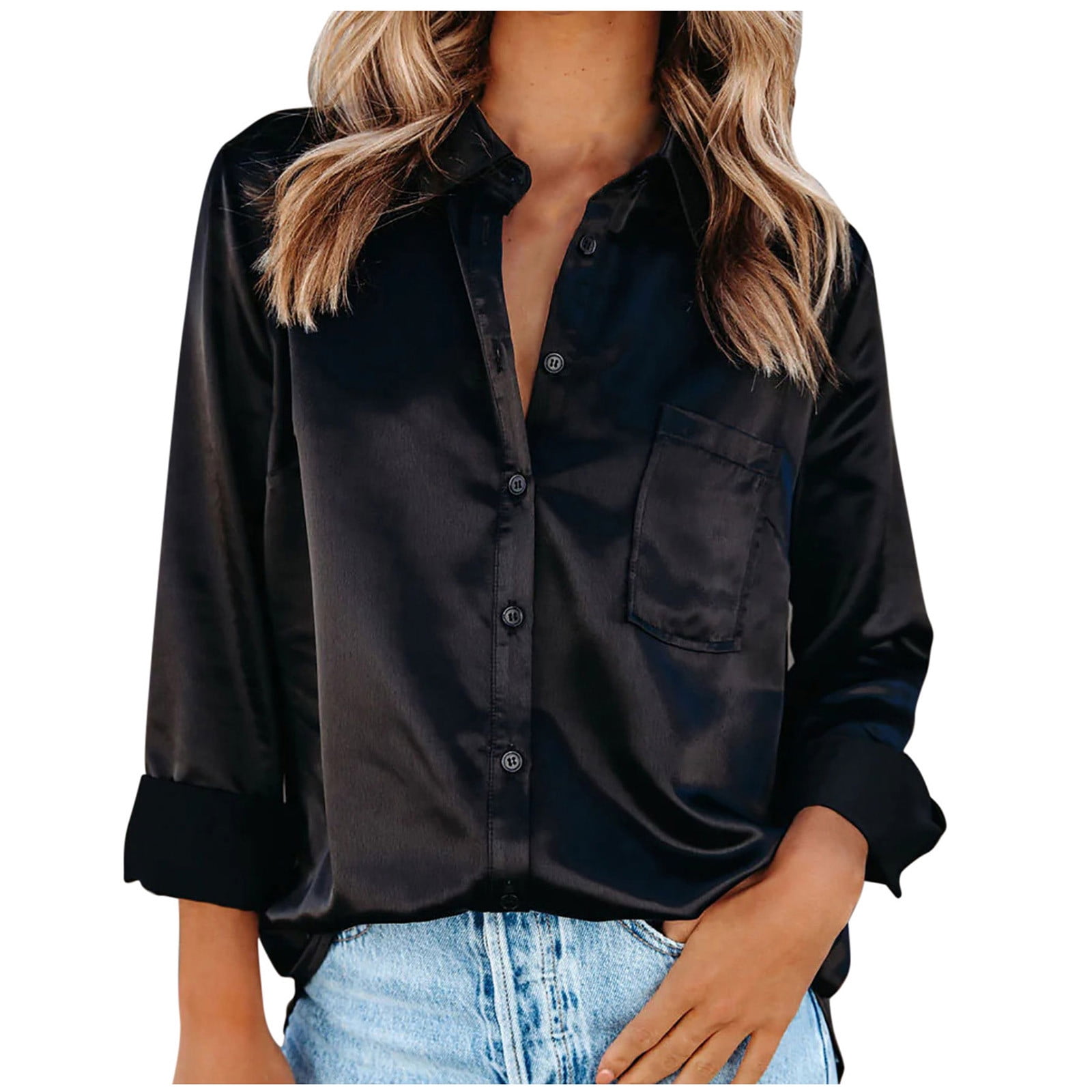 Yyeselk Women Satin Shirt Button down Long Sleeve Tops Collared Solid Silk Shirt Elegant Work Office Business Casual Blouses Ladies Clearance Black