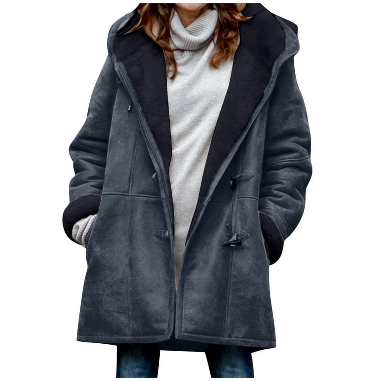 Yyeselk Women Sherpa Jacket Winter Warm Fleece Lined Coats Plus Size Lapel  Hooded Parka Faux Suede Long Pea Overcoat 