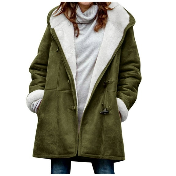 Yyeselk Women Sherpa Jacket Winter Warm Fleece Lined Coats Plus Size Lapel Hooded Parka Faux Suede Long Pea Overcoat