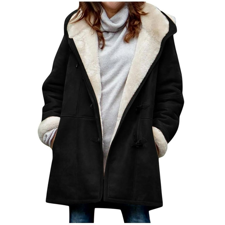Yyeselk Women Sherpa Jacket Winter Warm Fleece Lined Coats Plus Size Lapel  Hooded Parka Faux Suede Long Pea Overcoat 