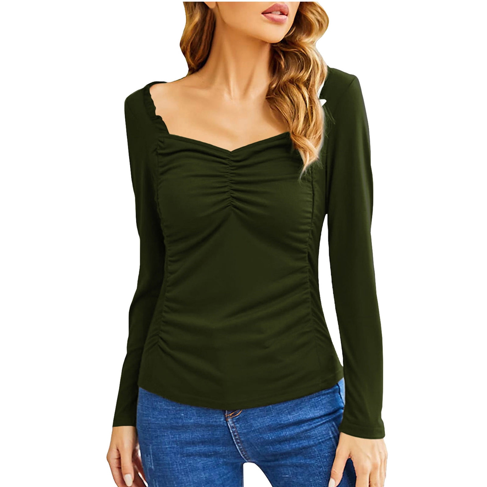 Women Tops Solid Ruched Bust Tie Front Blouse (Color : Green, Size