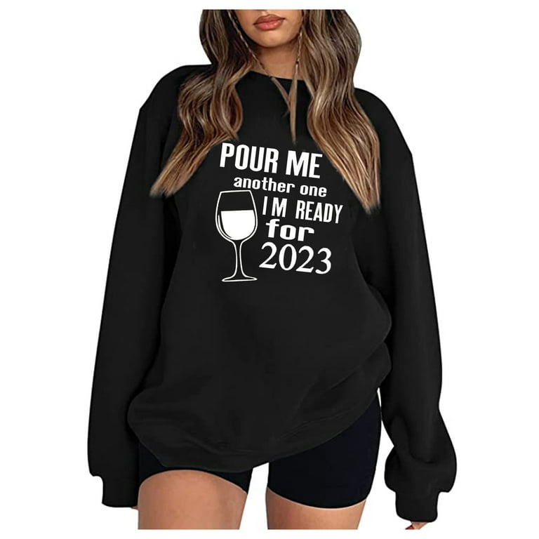 Yyeselk Women's 2023 New Year Oversized Batwing Long Sleeve Sweatshirts  Crewneck Pullover Blouse Tops Casual Loose Fit Graphic Printed Sweatshirt  Black L 