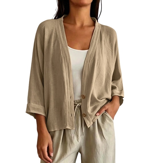 Yyeselk Women's 3/4 Sleeve Cotton Linen Cardigan Button Down Open Front Lightweight Casual Baggy Cardigans Brown XL