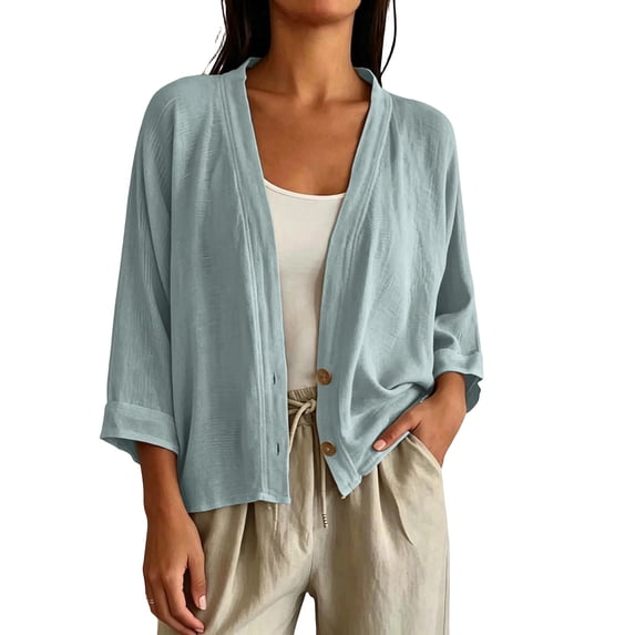 Yyeselk Women's 3/4 Sleeve Cotton Linen Cardigan Button Down Open Front Lightweight Casual Baggy Cardigans Gray XXL