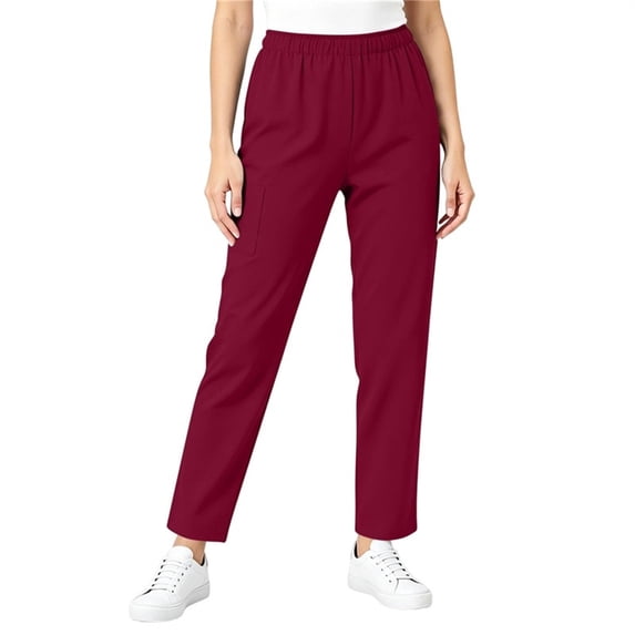 Yyeselk Women's Ankle Length Scrub Pants with Pockets Straight Leg Elastic Waist Lightweight Trousers Regular Fit Baggy Comfy Bottoms Wine L