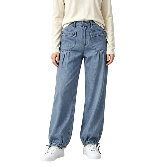 Yyeselk Women's Baggy Tapered Jeans Button Elastic Waist Ankle Denim Pants Streetwear Balloon Trousers with Pockets Light Blue XL