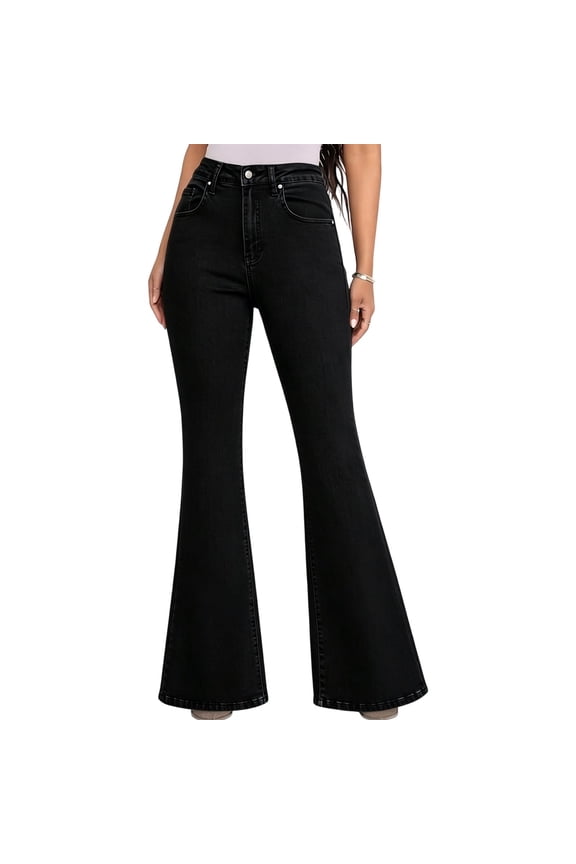Women's Bell Bottom Jeans Elastic Waist Flared Y2K Jean High Rise Slim Fit Wide Leg Denim Pants with Pockets Black S