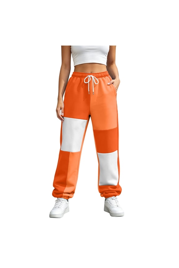 Women's Buffalo Plaid Tapered Sweatpants Elastic Waist Drawstring Wide Leg Color Block Relaxed Fit Winter Joggers Trousers Orange S