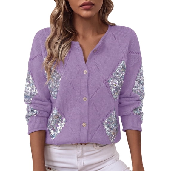Yyeselk Women's Button Down Cardigan Sweater Diamond Quilted Sequin Fashion Long Sleeve Sweaters Relaxed Fit Crew Neck Soft Warm Knit Tops Purple L