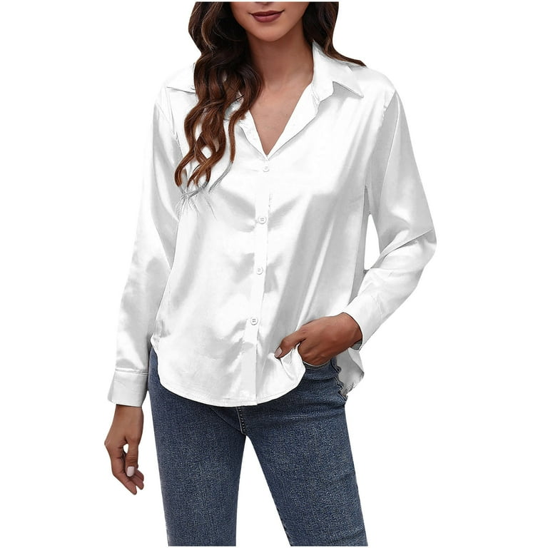 Yyeselk Women s Casual Satin Silk Silks Long Sleeve Button Down Shirt Formal Work Blouse Top Drop Shoulder Solid Color Tops White L