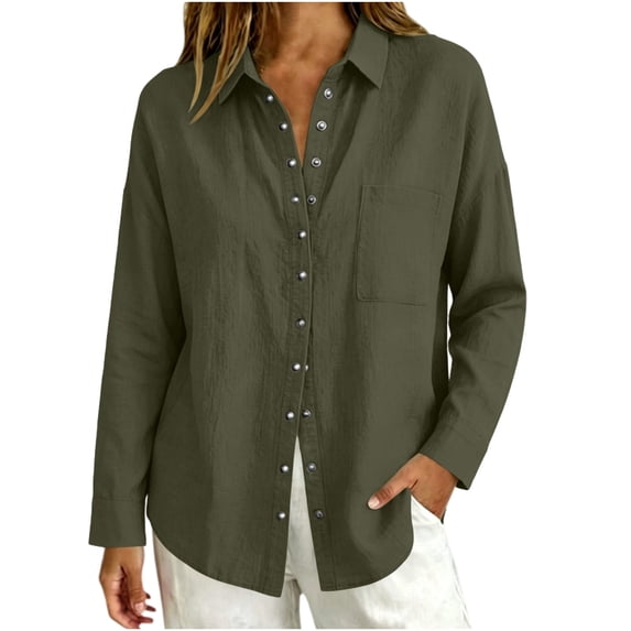 Yyeselk Women's Cotton Linen Snap Button Long Sleeve Shirt with Pocket Collared Relaxed Fit Lightweight Casual Tops Army Green Large