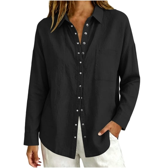 Yyeselk Women's Cotton Linen Snap Button Long Sleeve Shirt with Pocket Collared Relaxed Fit Lightweight Casual Tops Black Small