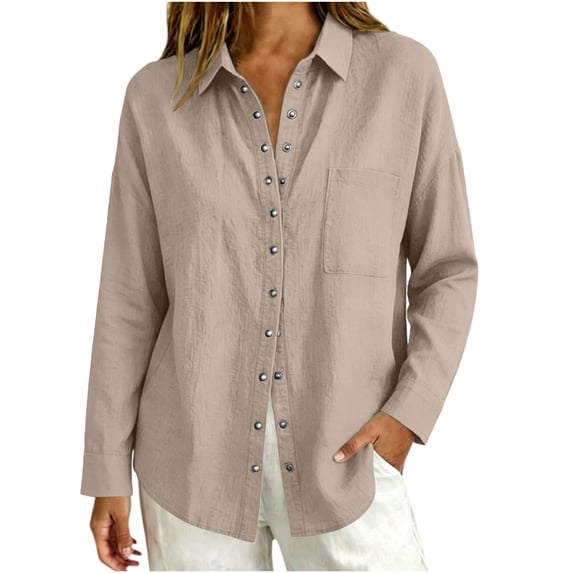 Yyeselk Women's Cotton Linen Snap Button Long Sleeve Shirt with Pocket Collared Relaxed Fit Lightweight Casual Tops Khaki Large