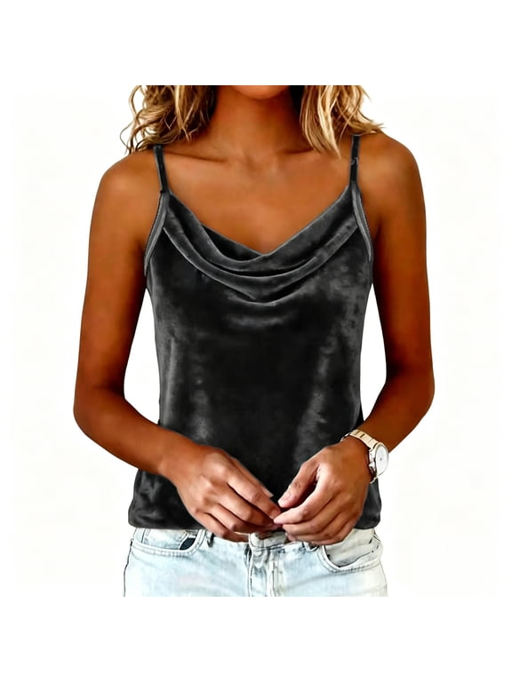Women's Cowl Neck Velvet Camisole Sleeveless Spaghetti Strap Cami Backless Tank Tops Basic Fit Elegant Trendy Tank Shirts Black L