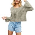 thumbnail image 1 of Yyeselk Women's Cropped Crochet Sweaters Crew Neck Sexy Hollow Out Solid Color Relaxed Fit Long Sleeve Knitted Lightweight Slouchy Jumper Tops Army Green XL, 1 of 4