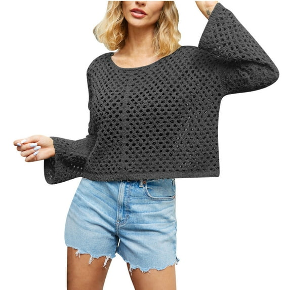 Yyeselk Women's Cropped Crochet Sweaters Crew Neck Sexy Hollow Out Solid Color Relaxed Fit Long Sleeve Knitted Lightweight Slouchy Jumper Tops Black L