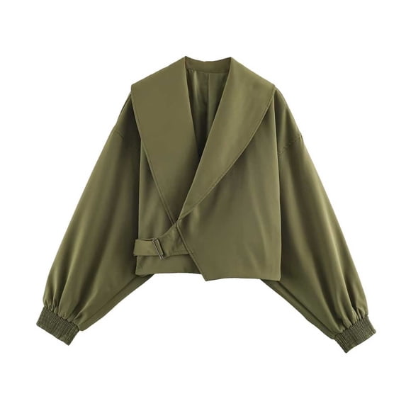 Yyeselk Women's Cropped Trench Coat Long Sleeve Baggy Casual Trendy Short Jackets Lapel Collar Fall Coat with Belt Army Green S