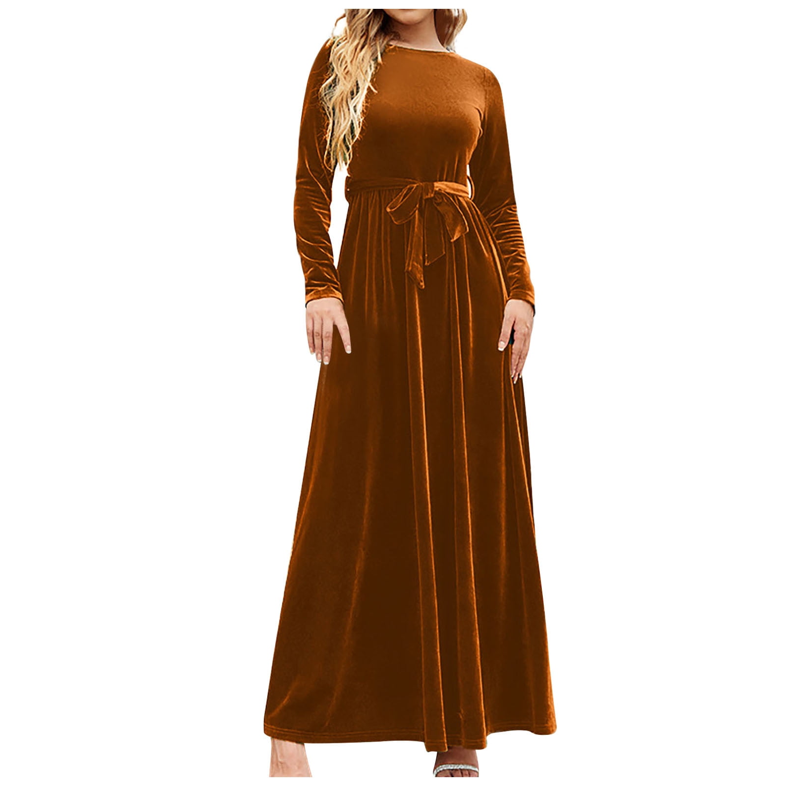 Yyeselk Women's Fall Winter Elegant Long Sleeve Velvet Dresses Crew Neck  Pure Color Tie Waist Slim Fit Party Cocktail Evening Vintage Maxi Dress  Brown XXL - Walmart.com