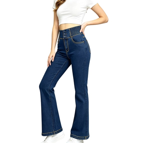 Yyeselk Women's Flare Bell Bottom Jeans Elastic High Waisted Wide Leg Bootcut Jean Trousers Slim Fit Streetwear Y2K Stretchy Denim Pants Dark Blue XXXL
