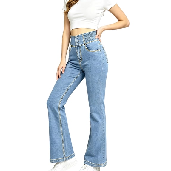 Yyeselk Women's Flare Bell Bottom Jeans Elastic High Waisted Wide Leg Bootcut Jean Trousers Slim Fit Streetwear Y2K Stretchy Denim Pants Light Blue XXL