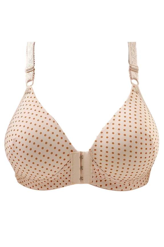Women's Front Closure Bra Polka Dot Print No Underwire Full Cup Bra Comfortable Full Coverage Daily Bra Push Up Wireless Bra Beige 38