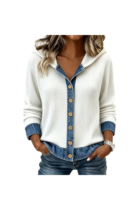 Women's Knitted Long Sleeve Denim Patchwork Cardigan Button Down Fashion Hooded Sweater Jacket Outerwear White S