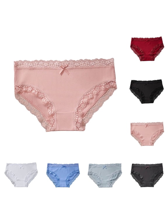 Women's Lace Trim Panties with Bow Mid Rise Soft Fit Smooth Breathable Brief Striped Knitted Underwear Red XL