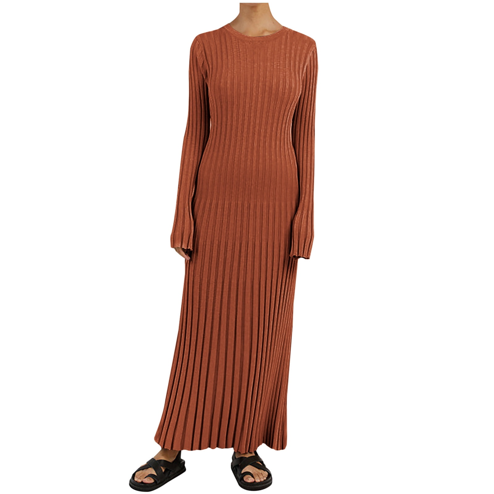 Yyeselk Women's Maxi Sweater Dresses Casual Crew Neck Long Sleeve Ribbed  Knitted Tie Waist Solid Color Simple Basic Sweater Long Dress Brown L -  Walmart.com