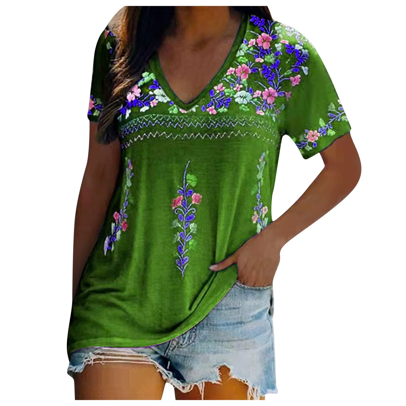 AK Women's Embroidered Tops 3/4 Sleeve Traditional Mexican Shirts