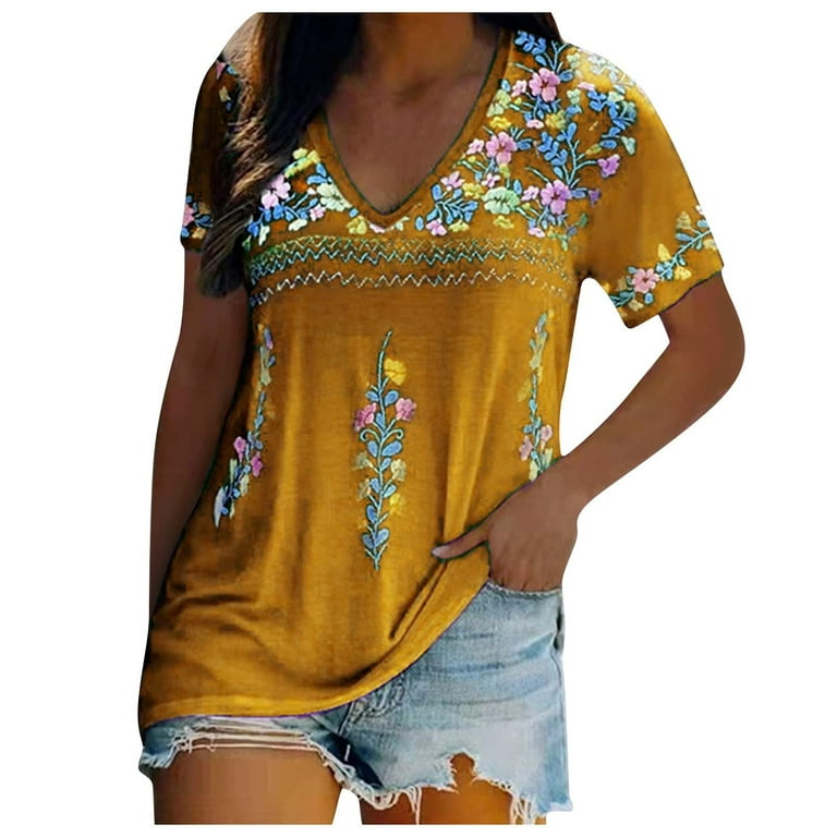 Yyeselk Women's Mexican Embroidered Tops Traditional Boho Hippie Clothes  Peasant Blouse Bohemian Short Sleeve Sexy V-Neck Shirt Tunic Yellow S