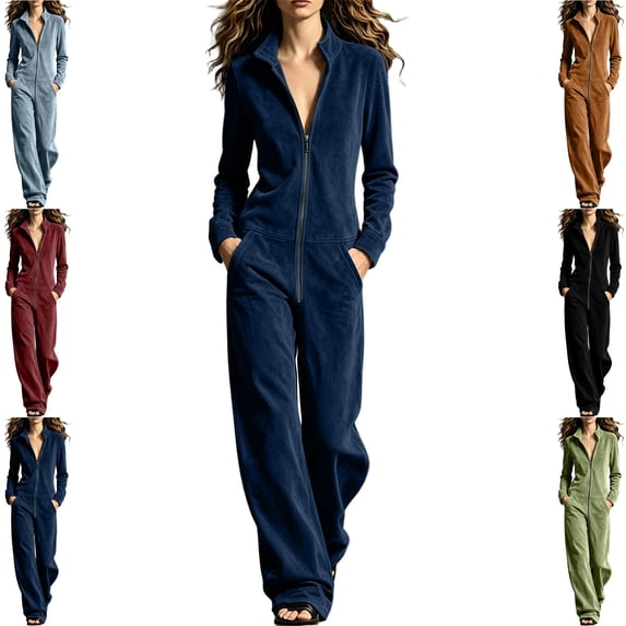 Yyeselk Women's Onesies Faux Suede Stand Collar Jumpsuits Zip Up Long Sleeve Lightweight Wide Leg Romper Pants Baggy Fashion Vintage Jumpsuit with Pockets Black L