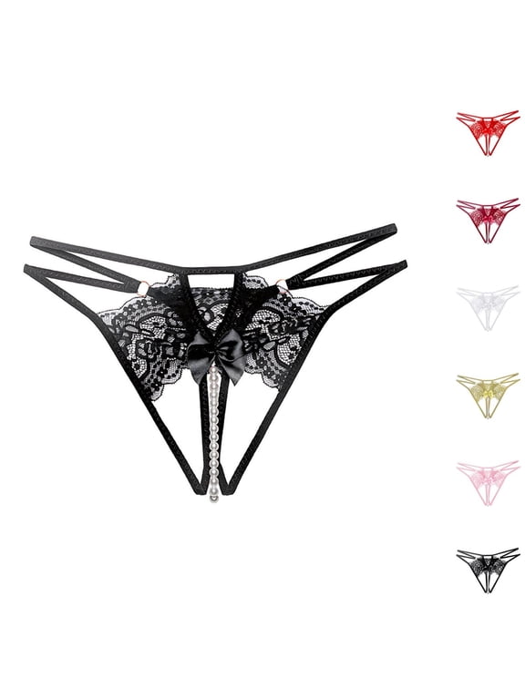 Women's Pearl G-String Thong Transparent Lace Floral Embroidered Panties Low Rise Soft Fit Stretch Under Lingerie with Bow Tie Pink Free Size