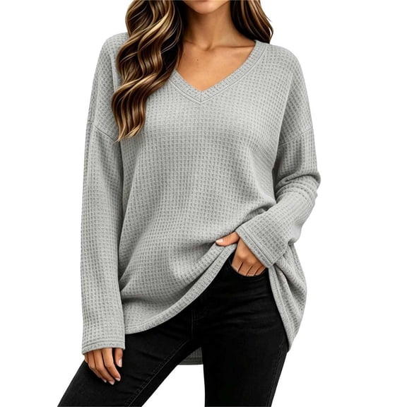 Yyeselk Women's Plus Size (S-5XL) Waffle Long Sleeve Tops Loose Fit V Neck Tunic Knit Shirts Casual Fall Basic Sweaters Gray S