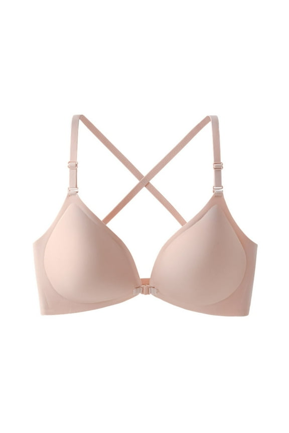 Women's Push Up Front Closure Bra Wireless Seamless Criss-Cross Back Smoothing Bra No Underwire Spaghetti Strap Sexy Lift Up Bra Beige M