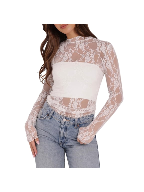 Women's Sheer Mesh Long Sleeve Layering Tops Mock Neck Floral Lace T Shirts See Through Shirt Blouse Undershirt White S