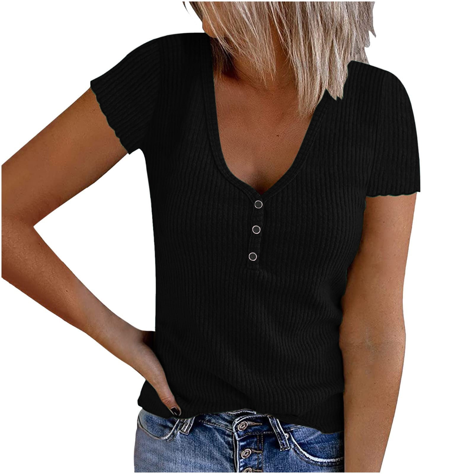 Yyeselk Womens Summer Tops Solid Color V Neck Short Sleeve Shirt