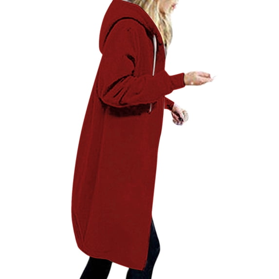 Yyeselk Women's Solid Jacket Plus Fleece Pocket Hooded Zipper Mid Length Sweater