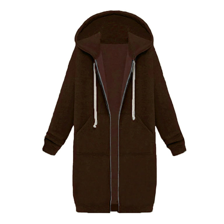 Yyeselk Women's Solid Jacket Plus Fleece Pocket Hooded Zipper Mid Length  Sweater 