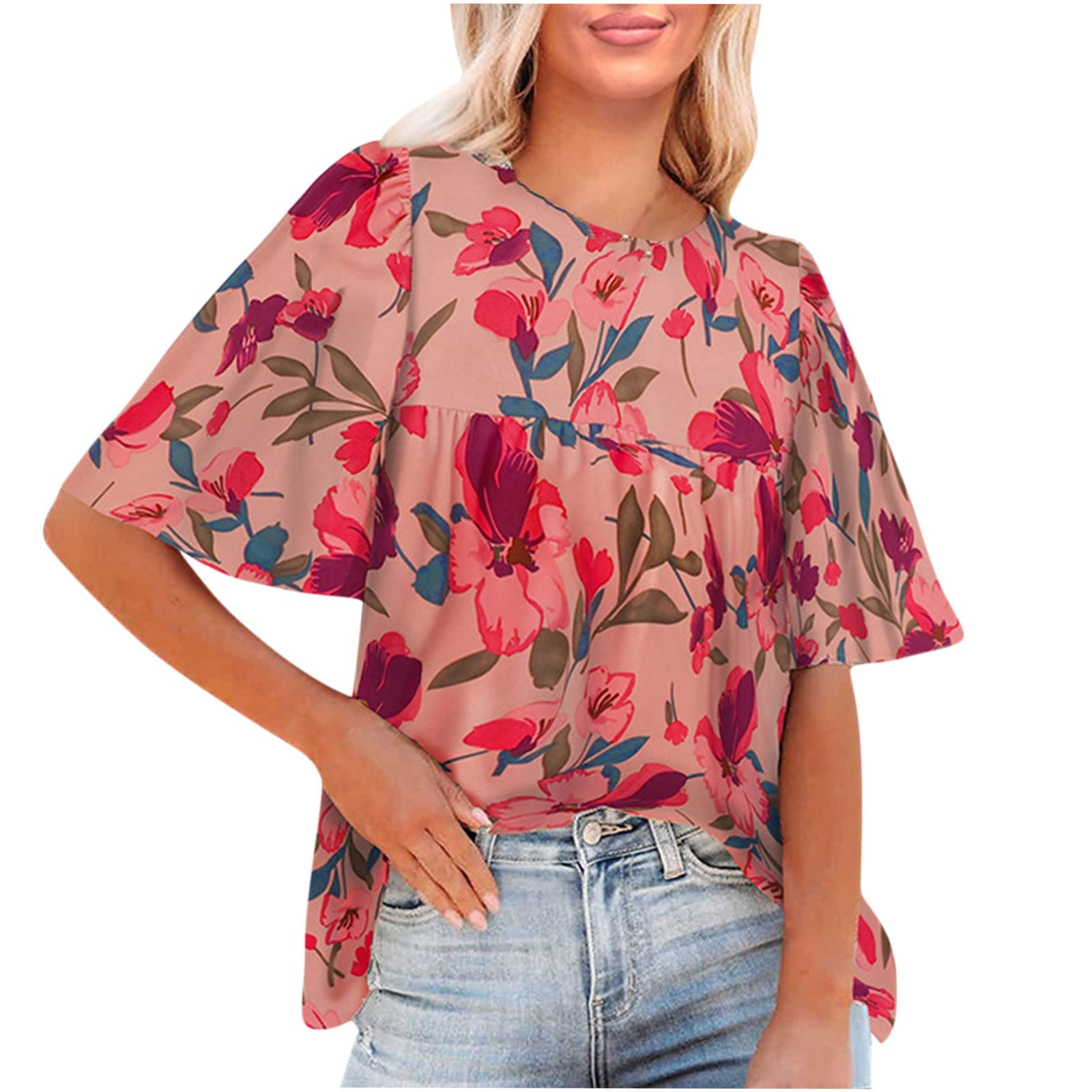 Yyeselk Women's Summer Casual Boho Blouse Crewneck Batwing Half Sleeve T- Shirts Fancy Floral Print Loose Fit Cute Basic Flowy Tops Tees Hot Pink XL  