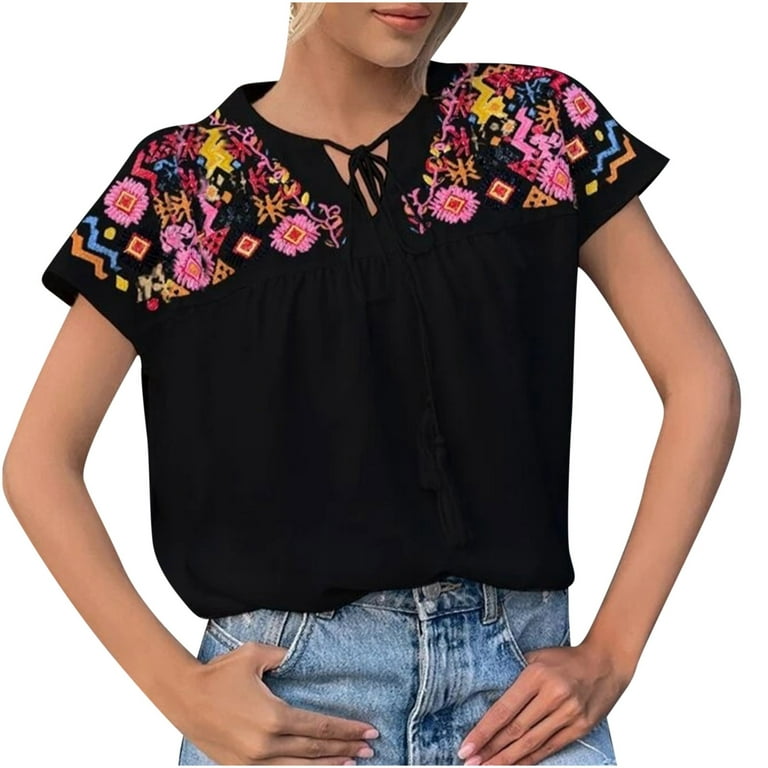 Yyeselk Women's Summer Crew Neck Boho Embroidered Mexican Shirts Keyhole  Bow Tie Short Sleeves Casual Tops Cotton and Linen Blouse Black S