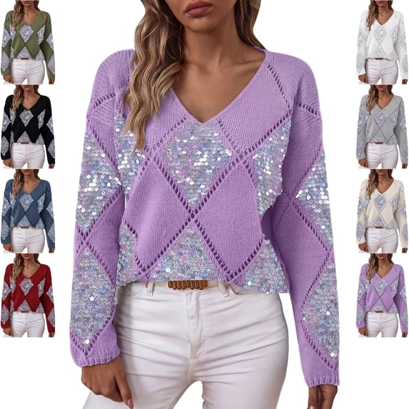 Yyeselk Women's V Neck Sweater Diamond Quilted Sequin Fashion Long Sleeve Sweaters Relaxed Fit Soft Warm Knit Tops Army Green M