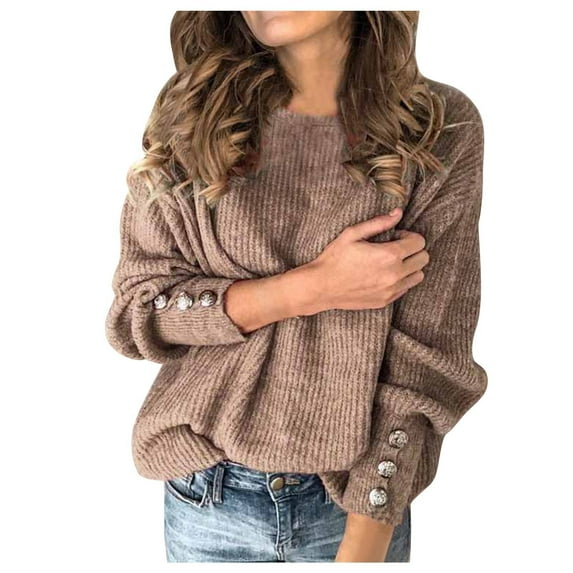 Yyeselk Womens 2023 Cute Elegant Soft Crewneck Long Sleeve Hollow Cable Knit Pullover Sweaters Comfortable Pure Color Winter Clothes Warm Khaki XXL