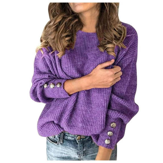 Yyeselk Womens 2023 Cute Elegant Soft Crewneck Long Sleeve Hollow Cable Knit Pullover Sweaters Comfortable Pure Color Winter Clothes Warm Purple M