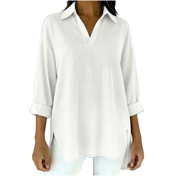 Yyeselk Womens 3/4 Sleeve Rolled Blouse Tops Summer Collared Side Slit Cotton Linen Shirts V Neck Loose Fit Tunic Tees White M