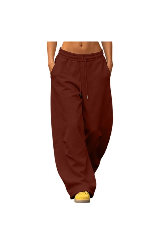 Womens Barrel Sweatpants Fleece Lined Wide Leg Pants Elastic Waist Drawstring Loose Fit Trousers with Pockets Wine S