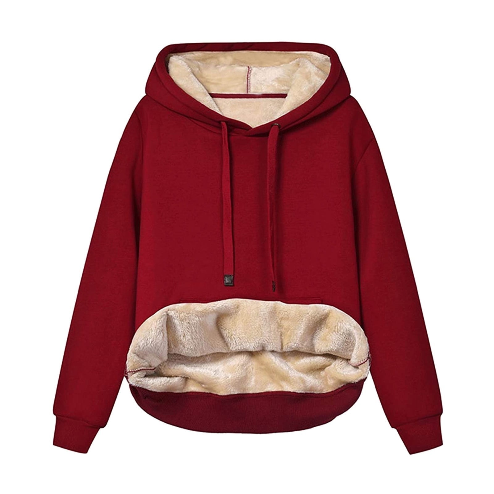 Yyeselk Womens Casual Winter Warm Fleece Sherpa Lined Hoodies Solid Color  Crewneck Hooded Sweatshirts Thick Pullover Hoodie Jumper Blouse Shirt Tops  Wine XL 